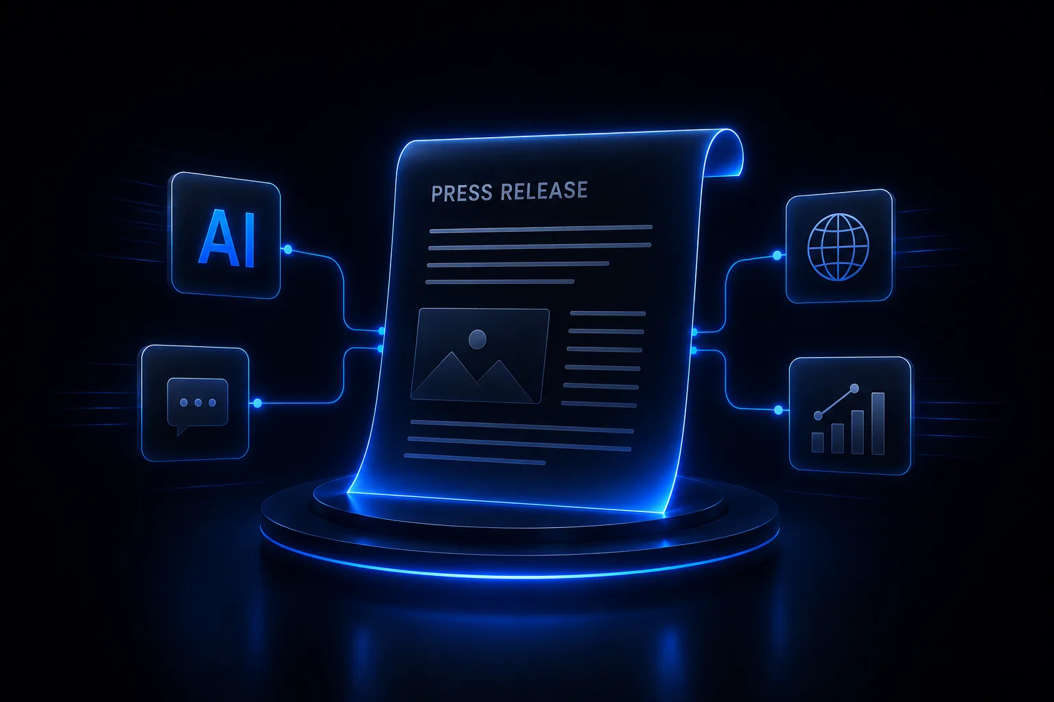 Futuristic neon-blue illustration of a press release connected to AI, search, global distribution, and analytics icons on a dark background.